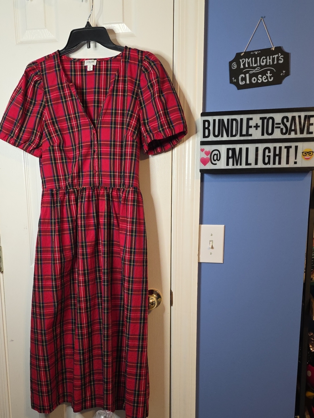 J. Crew Red Plaid Dress with Puff Sleeves 10